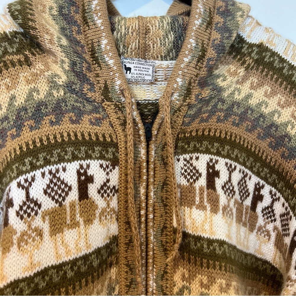 Alpaca Connection Zip Sweater Large Peruvian Alpaca Wool Green Multicolor Hooded - Picture 4 of 11